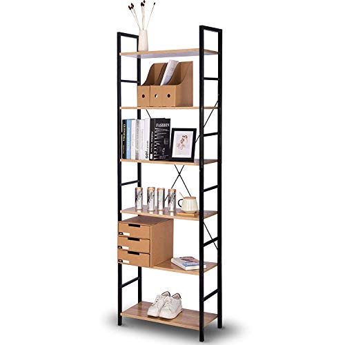 WOLTU Estantería con 6 Escalera Soporte de la Planta Estante de Almacenamianto de Madera de AceroRoble Claro+ Negro 60x28x180cm RGB9307hei