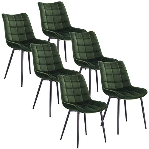 WOLTU Pack de 6 Sillas de Comedor Asiento de Terciopelo Silla Diseño Silla Tapizada Estructura Metálica Sillón con Respaldo Silla de Cocina Verde Oscuro