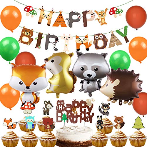 Woodland Decoraciones para fiestas Woodland Creatures Happy Birthday Banner Cake Toppers Animal Foil Globos para cumpleaños Baby Show Party Supplies