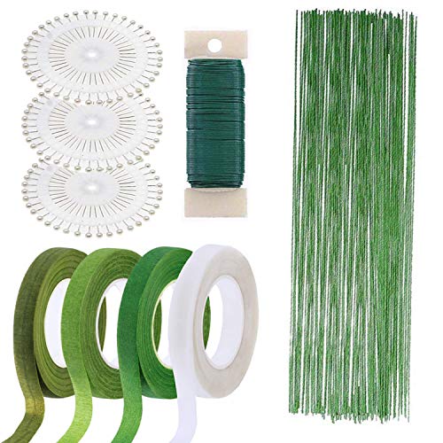 Woohome 7 Pz Herramienta Florales, 1.2CM Floral Verde Stem Tape, Alambre Floral Wire 26, Alambre Floral de Calibre 22 y 100 Pz Aguja de Bolas