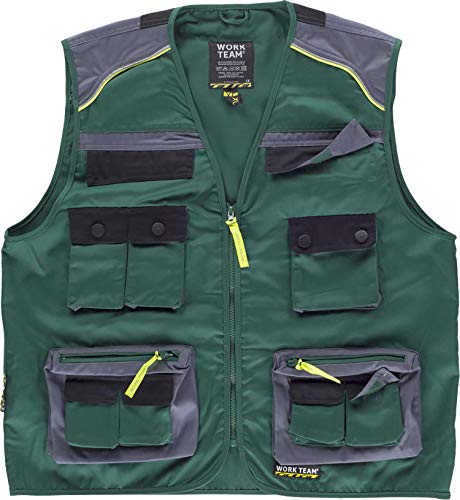 Work Team Chaleco Linea 5 Tipo Safari Combinado en 3 Colores, Vivos Reflectantes. Hombre Verde+Gris Oscuro+Negro XL