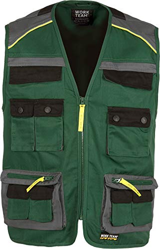 Work Team Chaleco Linea 5 Tipo Safari Combinado en 3 Colores, Vivos Reflectantes. Hombre Verde+Gris Oscuro+Negro XL