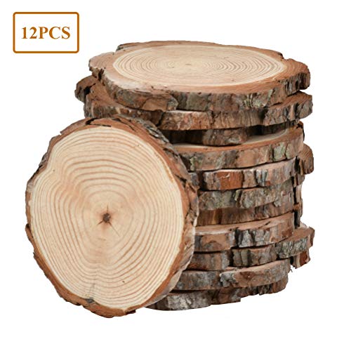 WOWOSS 12PCS Rebanadas de Madera Natural 10-12cm Con Corteza de Árbol, Rodajas de Madera Círculos Non Perforado Para Manualidades Pintar Decoraciones Hogar