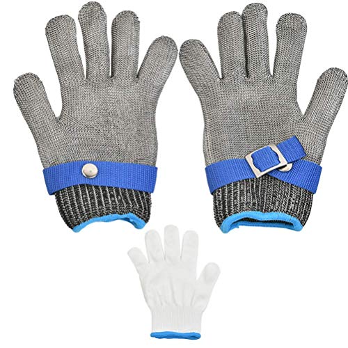 WOWOSS Guantes de Seguridad de Acero Inoxidable, 1 Guantes de Trabajo Resistentes a Cortes + 1 Guantes Protectores Blancos M