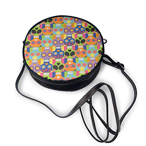 Wrution Papel muerto Cráneo Manta Redondo Cruz-Cuerpo Cremallera Bolso de hombro Cuero Suave Círculo Monederos para Mujer Café Personalizado