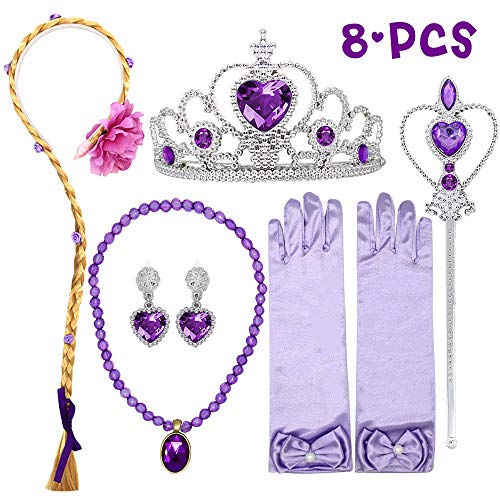 Wuree Vestido de Princesa Rapunzel Peluca Collar Pendientes Varita Guantes Trenzas Pelucas Fiesta de Princesa Rapunzel Disfraz Accesorios Regalo para niñas