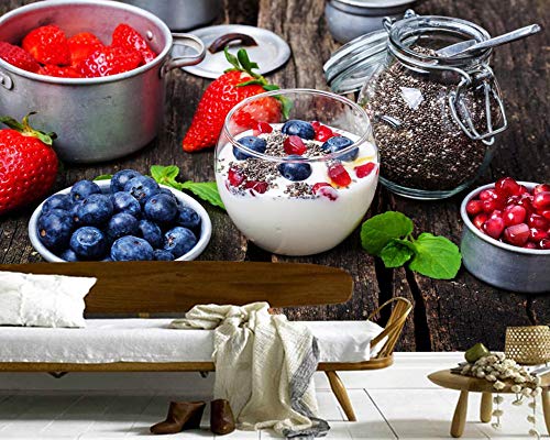 WXLSL Papel pintado Yogur, fresa, arándanos, tablones de madera, alimentos, papel tapiz, mural para la sala, cocina, restaurante, cafetería, bar-250cmx175cm