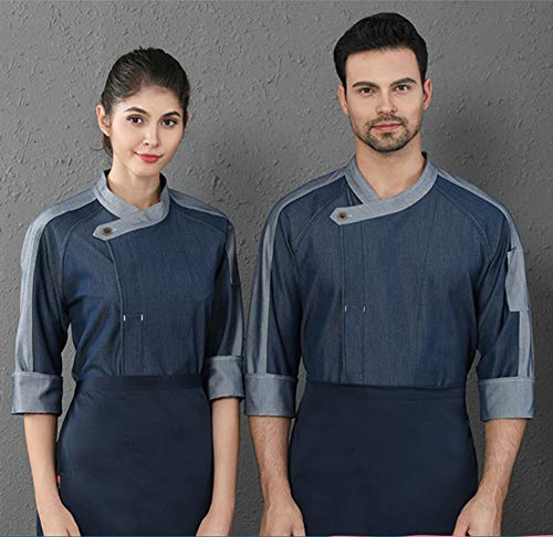 WYCcaseA Chaqueta de Chef para Hombre Unisex de Manga Larga con Bolsillo en Manga Boton con Bolsillo Superior Top Ropa de Cuello Ropa Cocina/Cocinero/Cocinera/Chef,Azul,XXL