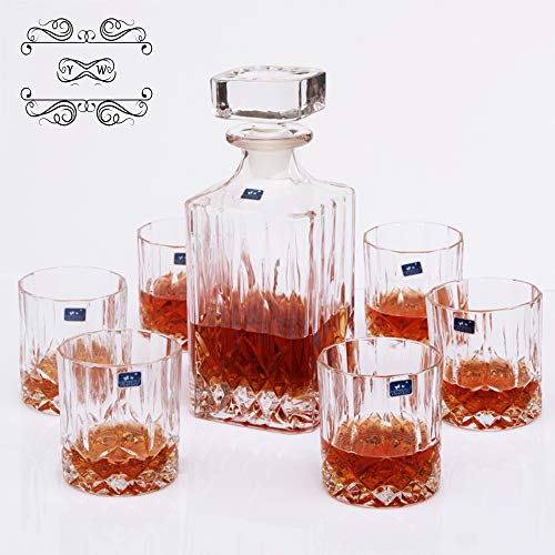 WY&WY Decantador de Whisky Set de 7 Piezas Decantador de Vidrio sin Plomo, (700 ml) Elegante Jarra de Whisky con tapón Adornado y 6 exquisitos Vasos de cóctel para Fiestas Familiares