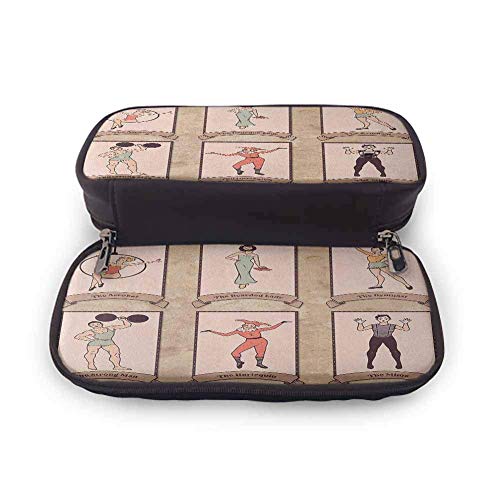 XCNGG Estuche para lápices y bolígrafos de circo, personajes de circo vintage, acróbata, mujer barbuda, gimnasta, hombre fuerte, arlequín, mimo, arte, lápices de colores, estuche, rosa, beige