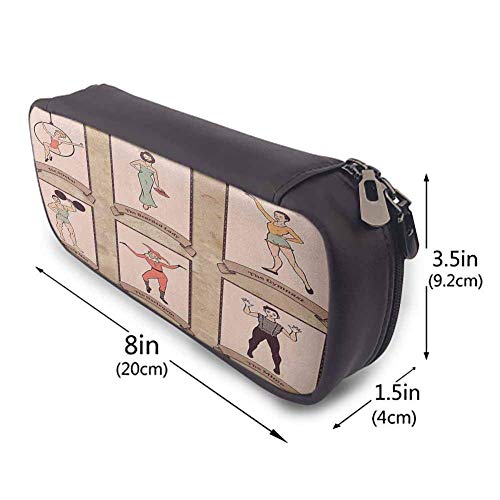 XCNGG Estuche para lápices y bolígrafos de circo, personajes de circo vintage, acróbata, mujer barbuda, gimnasta, hombre fuerte, arlequín, mimo, arte, lápices de colores, estuche, rosa, beige