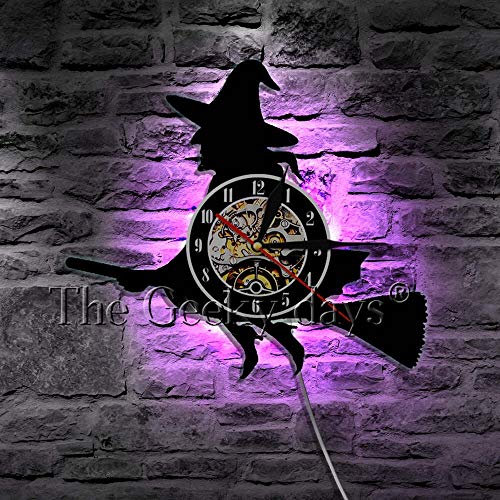 xcvbxcvb Escoba Volando Bruja Disco de Vinilo Reloj de Pared decoración de Halloween Reloj de Pared Mudo diseño Moderno decoración de Arte
