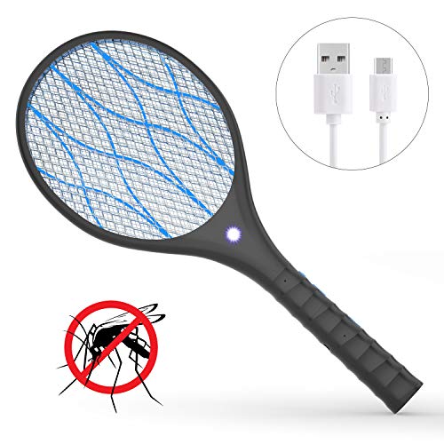 Xddias Raqueta Mosquitos Eléctrico, Anti Moscas Insectos Zapper Swatter Electrica, USB Recargable, 4000 Voltios, Iluminación LED, Dos Capas de rotección de Malla