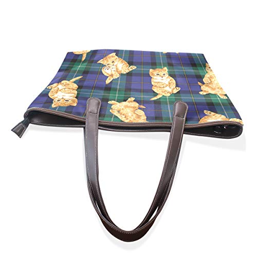 XiangHeFu Bolsos de mujer Cute Cat Tartan Tote PU Leather