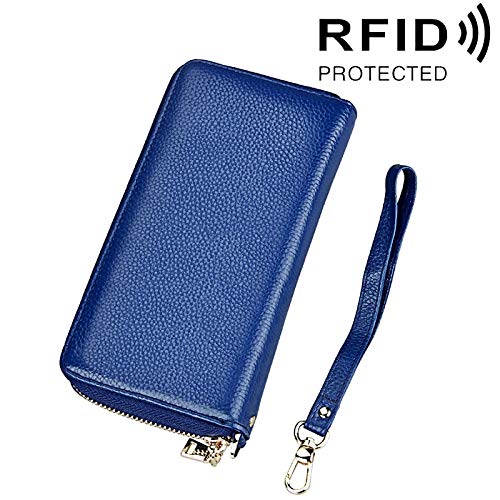 XIANRUI Estuche de cuero de piel de vaca Litchi Cremallera Cremallera Tenaz Estilo Titular de la tarjeta Monedero de bloqueo RFID Estuche protector de bolsa monedero con correa de mano para mujer, Tam