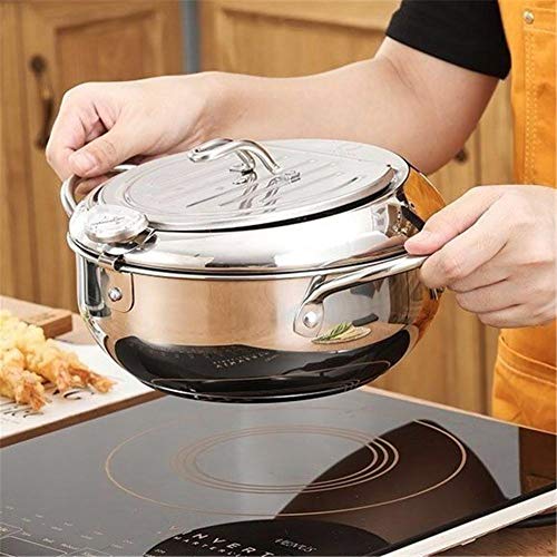 XIAOTIAN Freidora Tempura, Estufa De Gas De Material 304 con Termómetro Y Tapa Cocina De Inducción Olla Tempura Freidora Apto, para Sartén, 20.5cm