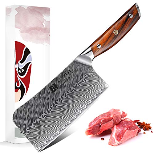 XINZUO Acero de Damasco Cuchillo de Cocina Chino, 16.6cm Forjado Cuchillo de Carnicero Cuchillo Chef, Restaurante de Cocina Profesional Cortando Carne, con Ergonómico Rosewood Mango - Yi Serie