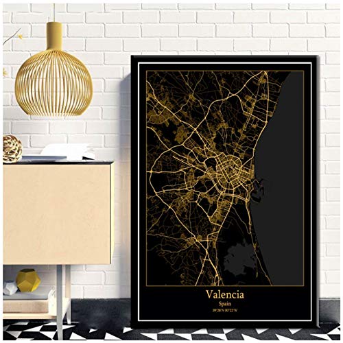XuFan Valencia España mapas de la Ciudad Negros y Dorados Mapa de la Ciudad del Mundo Carteles Impresiones en Lienzo Estilo nórdico Arte de la Pared decoración del hogar-24x36 Pulgadas sin Marco