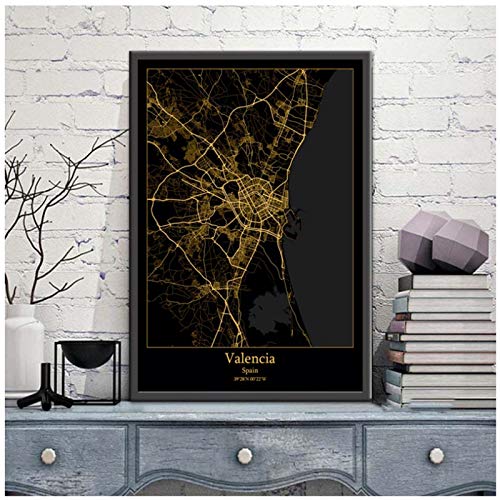 XuFan Valencia España mapas de la Ciudad Negros y Dorados Mapa de la Ciudad del Mundo Carteles Impresiones en Lienzo Estilo nórdico Arte de la Pared decoración del hogar-24x36 Pulgadas sin Marco