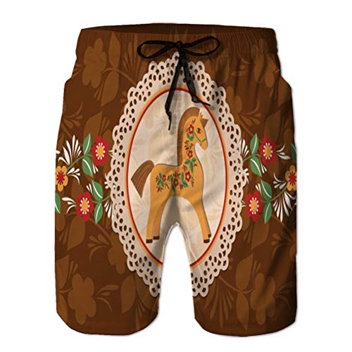 Xunulyn Hombres Core Slim Fit Bañadores Ajustables Shorts de Playa Shorts Decorativos Marco de tapete de Caballo Colorido símbolo de Madera año Nuevo Marca de Agua