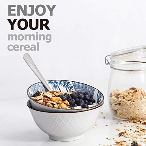 Y YHY - Cuencos de cerámica para sopa, ensalada, pasta, arroz, 24 onzas ramen, apto para microondas y lavavajillas, varios diseños azules y blancos, juego de 4