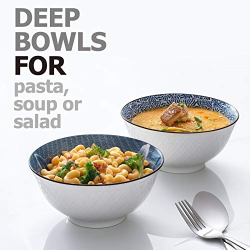 Y YHY - Cuencos de cerámica para sopa, ensalada, pasta, arroz, 24 onzas ramen, apto para microondas y lavavajillas, varios diseños azules y blancos, juego de 4