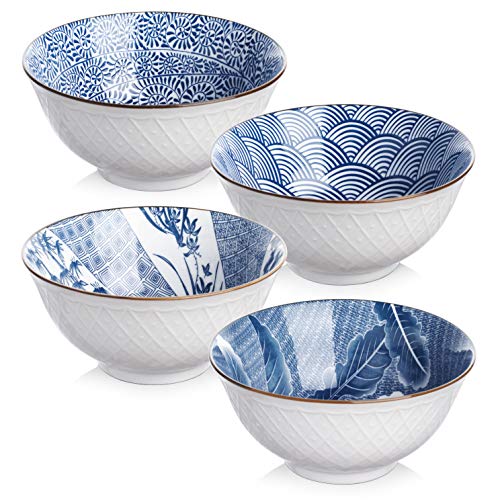 Y YHY - Cuencos de cerámica para sopa, ensalada, pasta, arroz, 24 onzas ramen, apto para microondas y lavavajillas, varios diseños azules y blancos, juego de 4