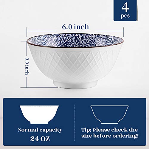 Y YHY - Cuencos de cerámica para sopa, ensalada, pasta, arroz, 24 onzas ramen, apto para microondas y lavavajillas, varios diseños azules y blancos, juego de 4
