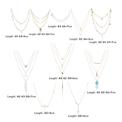 YADOCA 10 Piezas Collar de Múltiples Capas para Mujeres Niñas Corazón Hoja Estrella Luna Perlas de Turquesa Collar Colgante Vintage Gargantilla Cadena Clavícula