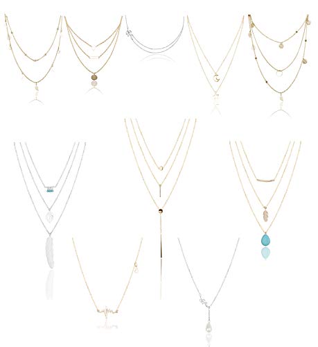 YADOCA 10 Piezas Collar de Múltiples Capas para Mujeres Niñas Corazón Hoja Estrella Luna Perlas de Turquesa Collar Colgante Vintage Gargantilla Cadena Clavícula