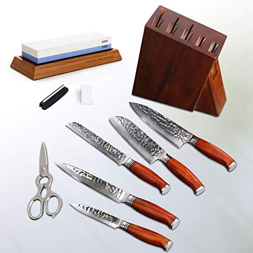 YARENH Juego Cuchillos Cocina Profesional 8 Piezas - Cuchillo de Cocina Hecho de Acero Damasco Japones - Incluye Tijeras - Bloque de Madera - Set Cuchillo de Chef Ultra Filoso - HTT-Serie