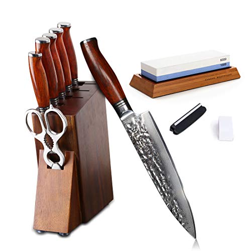 YARENH Juego Cuchillos Cocina Profesional 8 Piezas - Cuchillo de Cocina Hecho de Acero Damasco Japones - Incluye Tijeras - Bloque de Madera - Set Cuchillo de Chef Ultra Filoso - HTT-Serie