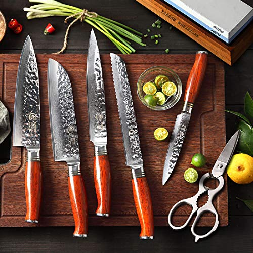 YARENH Juego Cuchillos Cocina Profesional 8 Piezas - Cuchillo de Cocina Hecho de Acero Damasco Japones - Incluye Tijeras - Bloque de Madera - Set Cuchillo de Chef Ultra Filoso - HTT-Serie