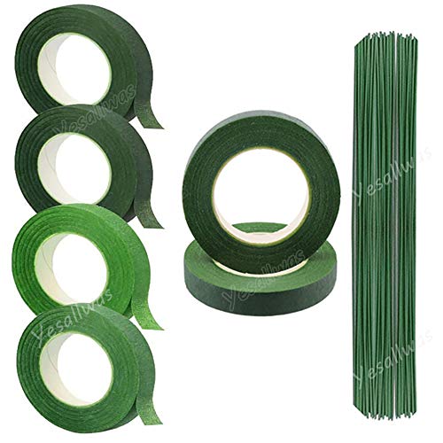 Yesallwas - Cinta adhesiva floral para tallo , 6 rollos (2 verdes poco profundos, 4 verdes profundos) con 50 piezas de alambre verde oscuro con tallo de alambre floral