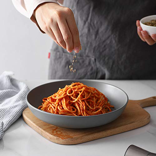 YHY - Juego de cuencos para pasta de porcelana, 22 cm, ensalada, cuencos de sopa, 880 ml, juego de cuencos para servir en casa y restaurante, ancho y plano, juego de 6, gris mate