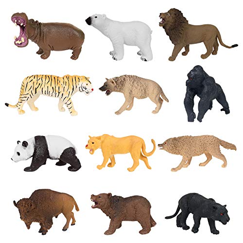 YIJIAOYUN 12 Piezas de plástico Educativo Animales del Bosque Juego de Juguete de Figuras para niños, niñas, Que Incluyen Leones, Tigres, gorilas, Pandas, panteras, Lobos