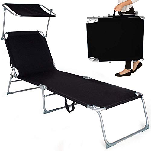 YLJYJ Sillas de Camping Plegables, Tumbona de jardín Plegable, con toldo Solar, con Correa para el Hombro y Bolsillo Deslizante, Pliegues TN, para jardín de Vacaciones, Negro