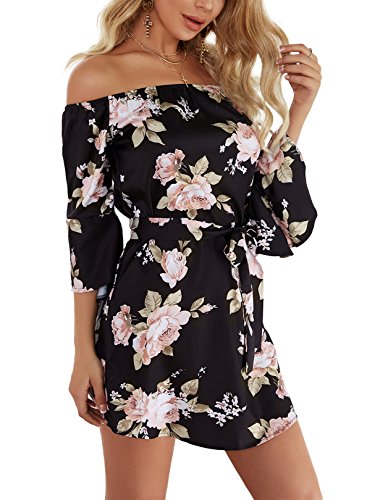 Yoins - Vestido de verano para mujer, corto, sin hombros, manga larga, atrevido, estampado floral, vestido de playa Color negro. XS