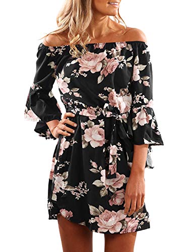 Yoins - Vestido de verano para mujer, corto, sin hombros, manga larga, atrevido, estampado floral, vestido de playa Color negro. XS
