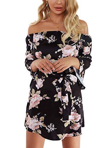 Yoins - Vestido de verano para mujer, corto, sin hombros, manga larga, atrevido, estampado floral, vestido de playa Color negro. XS
