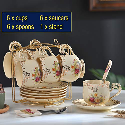 YOLIFE - Juego de tazas de té y platillos con arbustos florecientes, juego de tazas de té de cerámica marfil, paquete de 6 con estante de metal dorado