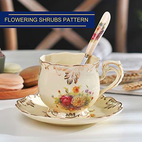 YOLIFE - Juego de tazas de té y platillos con arbustos florecientes, juego de tazas de té de cerámica marfil, paquete de 6 con estante de metal dorado