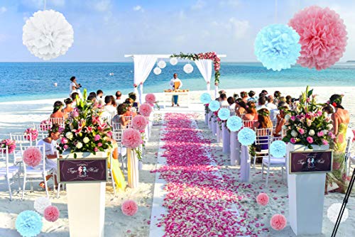 Yolistar Pompones de Papel,Decoración de Fiesta Pompom Flores,Abanicos de Papel Bola,27 Pcs Para Decoración de Cumpleaños, Bodas o Fiestas Boda Cumpleaños Fiesta(Blanco,Azul claro,Rosa claro)
