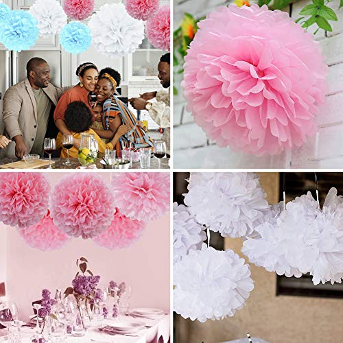 Yolistar Pompones de Papel,Decoración de Fiesta Pompom Flores,Abanicos de Papel Bola,27 Pcs Para Decoración de Cumpleaños, Bodas o Fiestas Boda Cumpleaños Fiesta(Blanco,Azul claro,Rosa claro)
