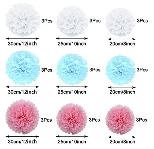 Yolistar Pompones de Papel,Decoración de Fiesta Pompom Flores,Abanicos de Papel Bola,27 Pcs Para Decoración de Cumpleaños, Bodas o Fiestas Boda Cumpleaños Fiesta(Blanco,Azul claro,Rosa claro)