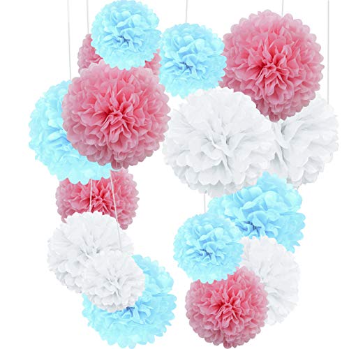 Yolistar Pompones de Papel,Decoración de Fiesta Pompom Flores,Abanicos de Papel Bola,27 Pcs Para Decoración de Cumpleaños, Bodas o Fiestas Boda Cumpleaños Fiesta(Blanco,Azul claro,Rosa claro)