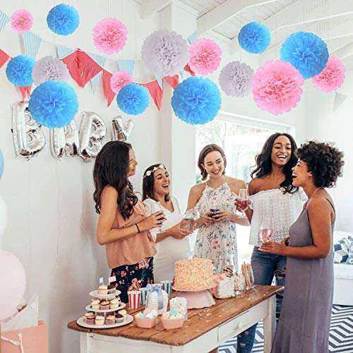 Yolistar Pompones de Papel,Decoración de Fiesta Pompom Flores,Abanicos de Papel Bola,27 Pcs Para Decoración de Cumpleaños, Bodas o Fiestas Boda Cumpleaños Fiesta(Blanco,Azul claro,Rosa claro)