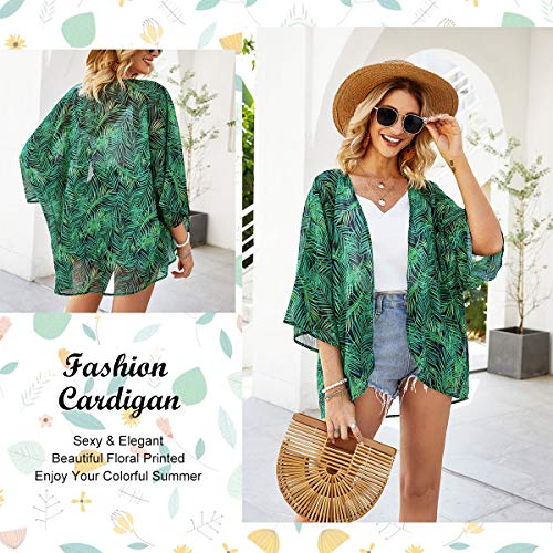 Yonhee - Kimono para mujer, diseño floral, para playa, estilo boho Verde verde L