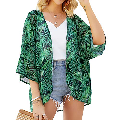 Yonhee - Kimono para mujer, diseño floral, para playa, estilo boho Verde verde L