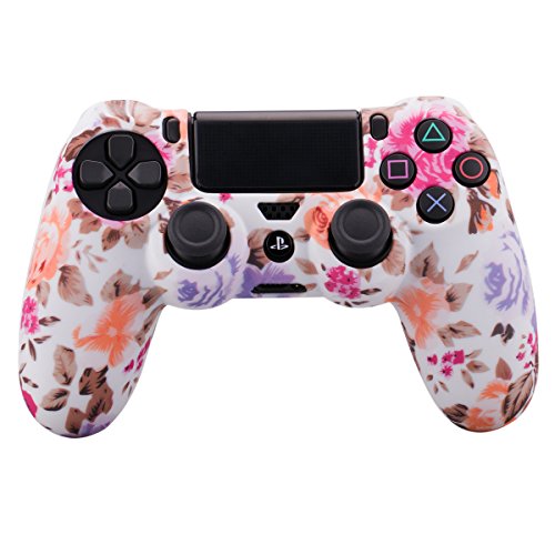YoRHa Transferencia de agua camuflaje de impresión silicona caso piel Fundas protectores cubierta para Sony PS4/slim/Pro Mando x 1 (Flores) Con PRO los puños pulgar thumb gripsx 8